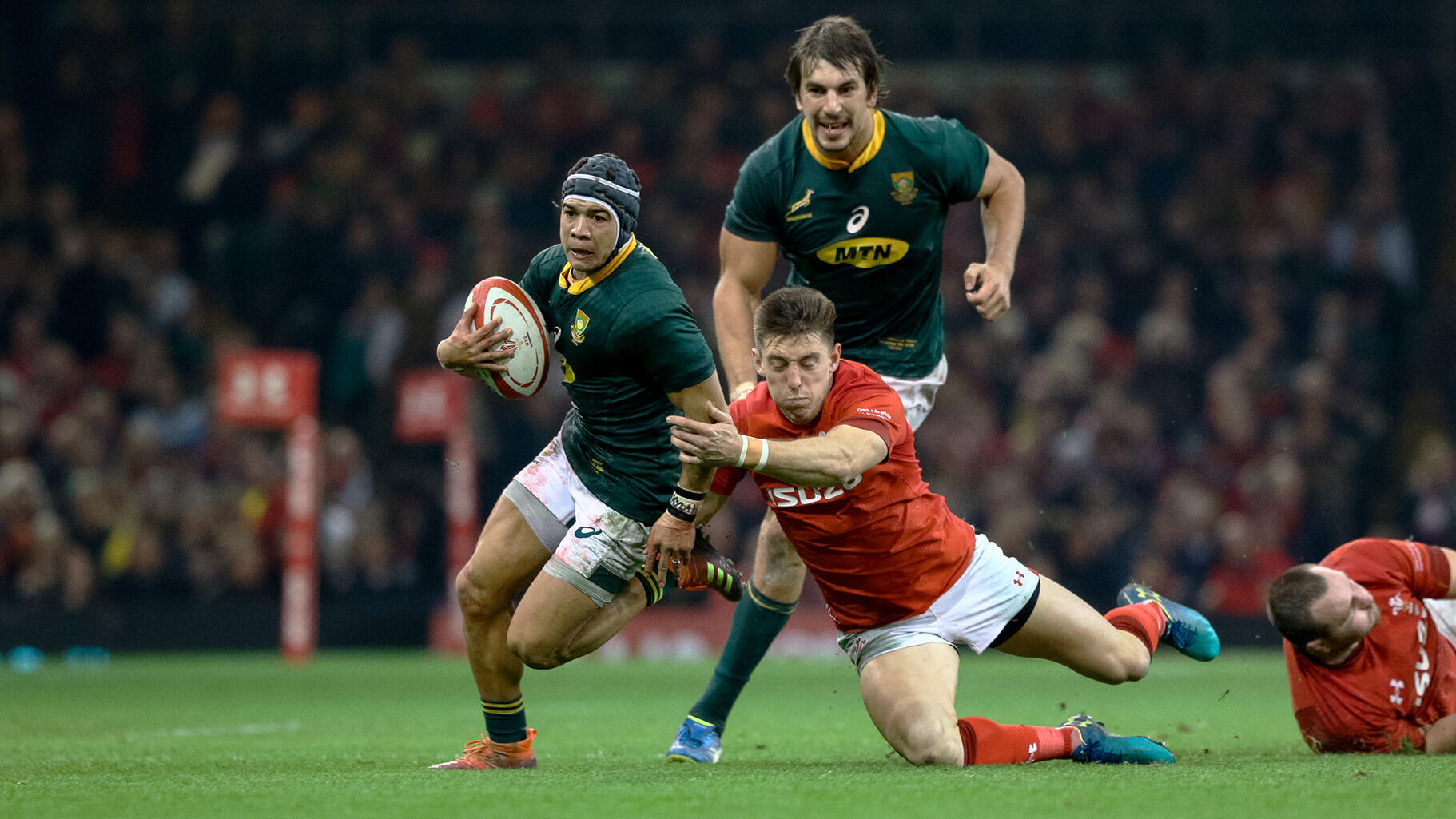 Cheslin Kolbe wearing Firepower Sport Scrum Cap vs Wales in 2018